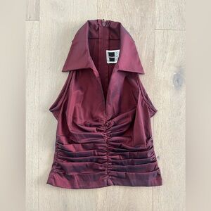 Vintage Tadashi Shoji Deep Red Burgandy  Ruched Blouse - USA made